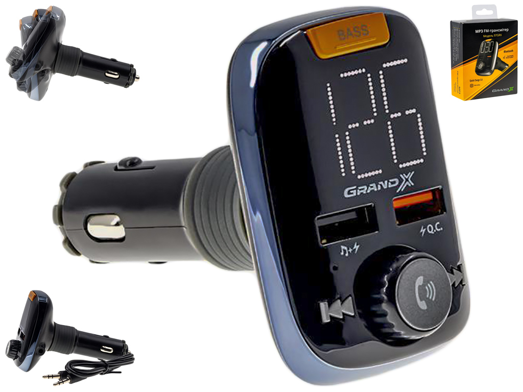 FM-трансмиттер Grand-X 97GRX Bluetooth V5.0, MicroSD+2 USB Quick Charge 3.0+2.4A