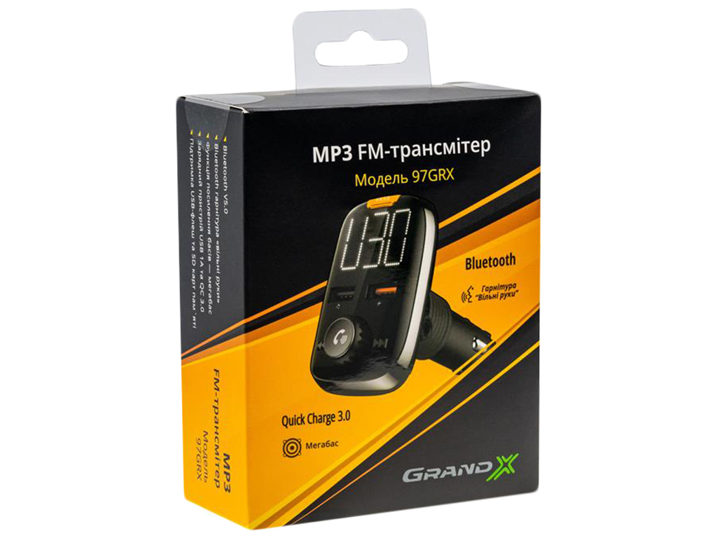 FM-трансмиттер Grand-X 97GRX Bluetooth V5.0, MicroSD+2 USB Quick Charge 3.0+2.4A