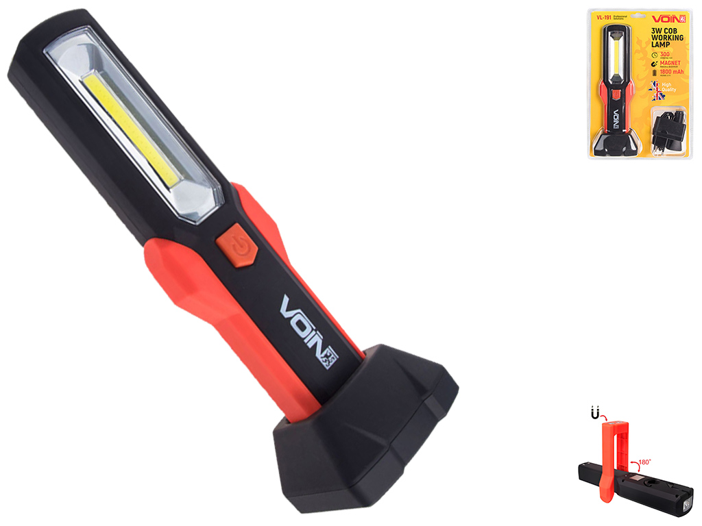 Переносная лампа Voin, 12V, 220V, 3W-COB+2 LED-НР, АКБ, магнит (VL-191)
