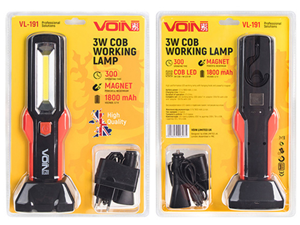 Переносная лампа Voin, 12V, 220V, 3W-COB+2 LED-НР, АКБ, магнит (VL-191)
