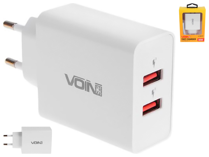 Сетевое зарядное устройство Voin 36W, 2USB QC3.0 (3.6V-6.5V*3A, 6.5V-9V*2A, 9V-12V*1.5A)