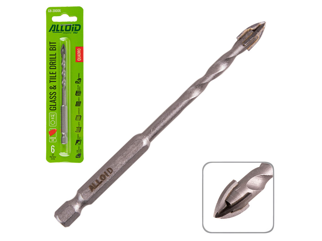 Свердло Alloid по склу, кераміці, HEX 1/4", 6мм, 105мм