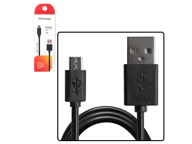 Кабель Grand-X USB-micro USB PM015B 2,1A,100% медь, 1,5м, Black