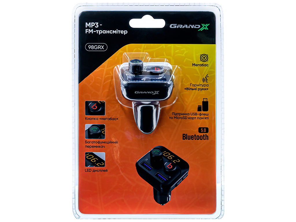 FM-трансмиттер Grand-X 98GRX MegaBass, Bluetooth V5.0, Hands Free, MicroSD, 2USB 1A-2.4A