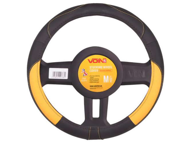 Чехол руля VLOD-L2031 BK/YL, M, черно-желтый, перфорированная кожа