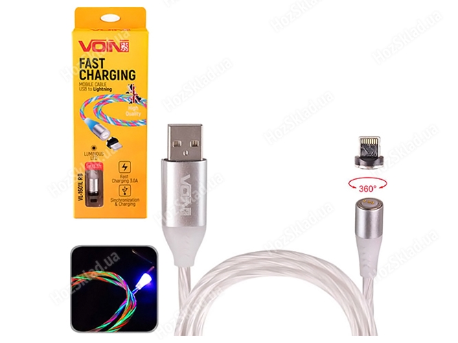Кабель магнітний Multicolor LED Voin USB - Lightning 3А, 1м (швидка зарядка/передача даних)