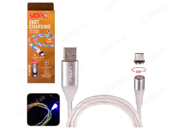 Кабель магнитный Multicolor LED Voin USB - Type C 3А, 1м, (быстрая зарядка/передача данных)