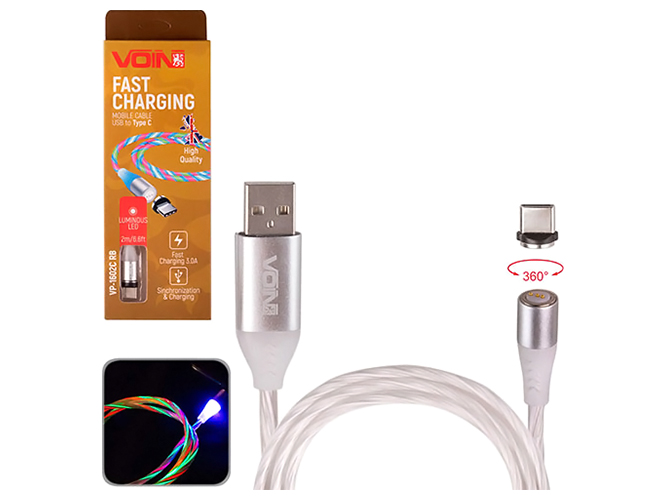 Кабель магнитный Multicolor LED Voin USB - Type C 3А, 2м, (быстрая зарядка/передача данных)