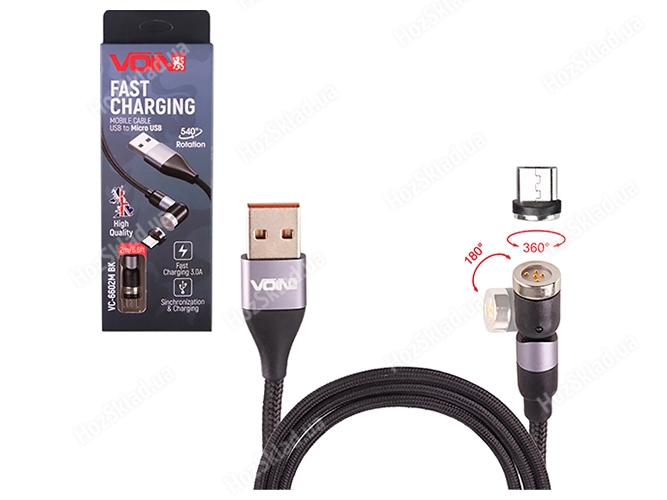 Кабель магнітний шарнірний Voin USB - Micro USB 3А, 2м, чорний (швидка зарядка/передача даних)