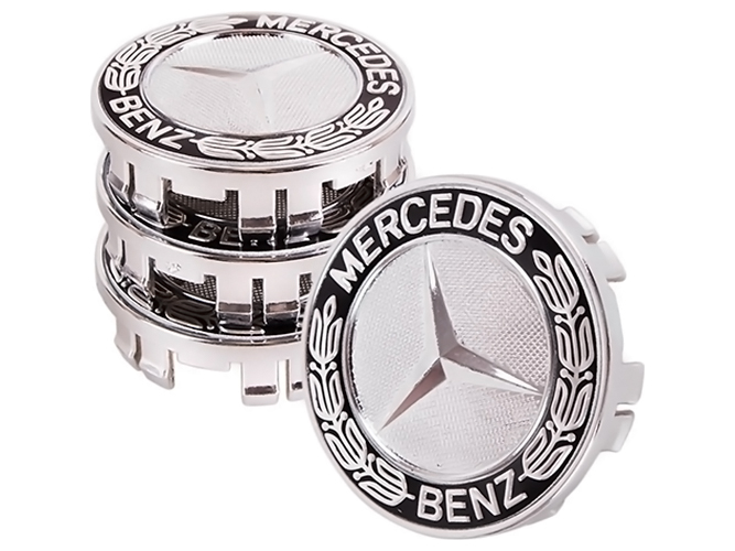 Заглушка колісного диска Mercedes, 75x70, чорний, ABS пластик, з колоском, 52050, 4шт