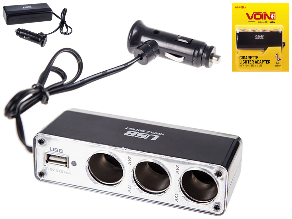 Удлинитель прикуривателя, 3+1USB провод, предохранитель (WF-0096A)