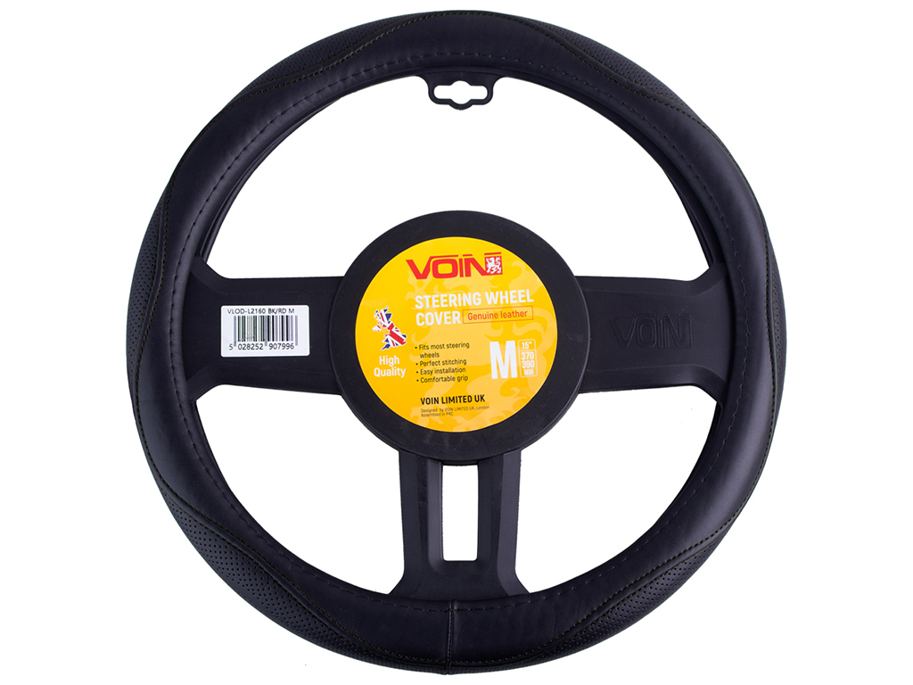 Чехол на руль VLOD-L2160 BK M (37-39см), белая основа, кожа (цвет черный)