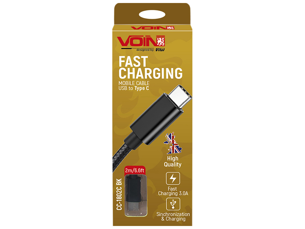 Кабель VOIN USB - Type C 3А, 2м, black (быстрая зарядка/передача данных), CC-1802C BK