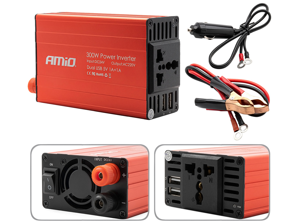 Перетворювач напруги AMiO PI04 24В/230В 300Вт/600Вт 2xUSB