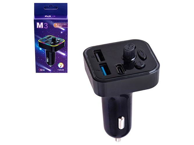 Модулятор FM 5в1, M3, 12-24v, 2USB, 5V-3.1A, Type C, 5V-3.1A TF card BT5.0 RGB-ambient light