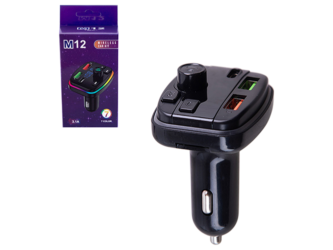 Модулятор FM 5в1, M12, 12-24v, 2USB, 5V-3.1A, Type C, 5V-3.1A TF card BT5.0 RGB-ambient light