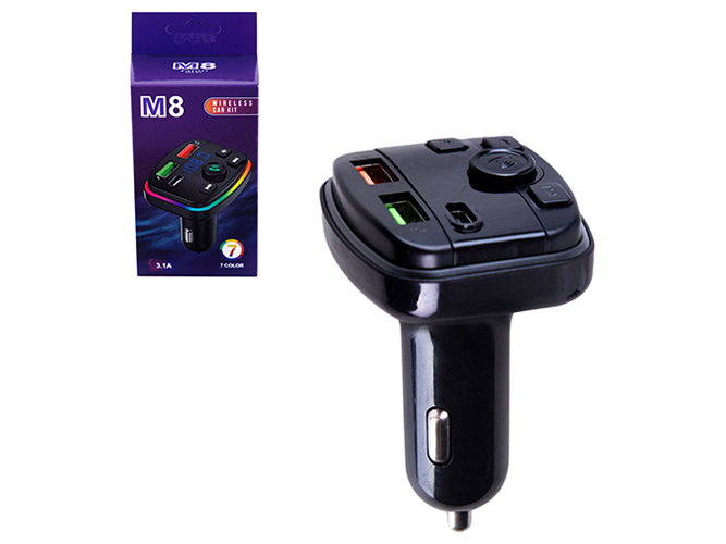 Модулятор FM 5в1, M8, 12-24v, 2USB, 5V-3.1A, Type C, 5V-3.1A TF card BT5.0 RGB-ambient light
