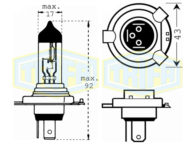 Лампа автомобільна галогенна для фари Trifa H4, 12V, 55W Xenon +50%, цоколь P43t (51660)