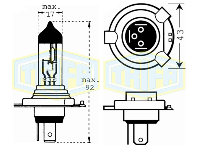 Лампа автомобильная галогенная для фары Trifa H4, 12V, 60 - 55W blue CDL +20%, цоколь P43t (61665)