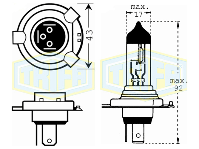 Лампа автомобильная галогенная для фары Trifa H4, 12V, 60 - 55W long-life, цоколь P43t (41661)