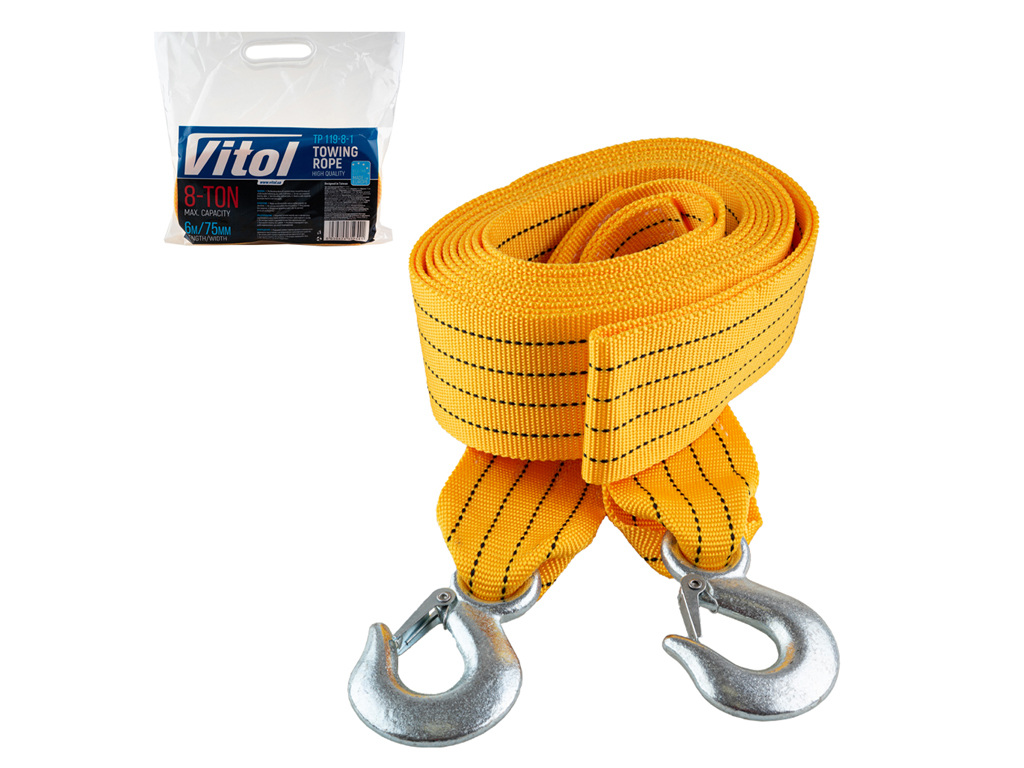 Трос буксировочный VITOL 8т, лента 75мм×6м, оранжевый, 2 крюка (ТР-119-8-1)