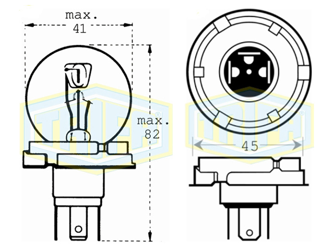 Лампа автомобільна асиметрична для фари Trifa, 6V, 45 - 40W, цоколь - P45t (00500)