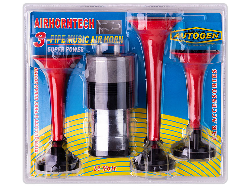 Сигнал воздушный AUTOGEN SL-A1015 12V, 3 красные дудки с компрессором