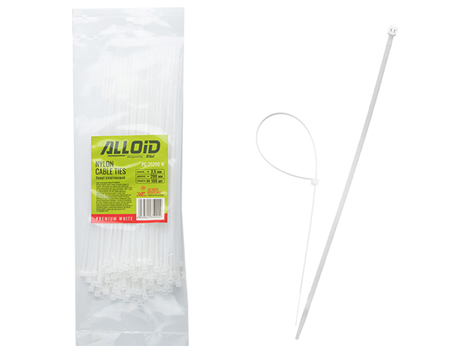 Хомут пластиковый Alloid, 2,5х200мм, 100шт, белый (PC-25200 W)