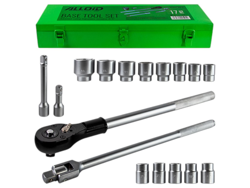 Набор торцевых головок Alloid 3/4 дюйма, 17 предметов, металлический кейс, цвет зелёный