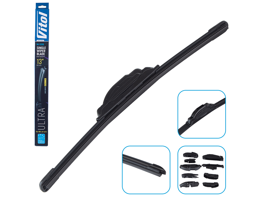 Щетка стеклоочистителя бескаркасная VITOL ULTRA 13", 33см, 9 адаптеров (VU-13330)