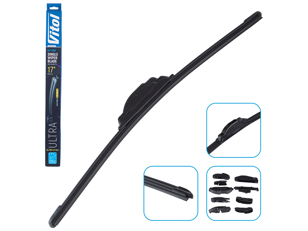 Щетка стеклоочистителя бескаркасная VITOL ULTRA 17", 43см, 9 адаптеров (VU-17430)