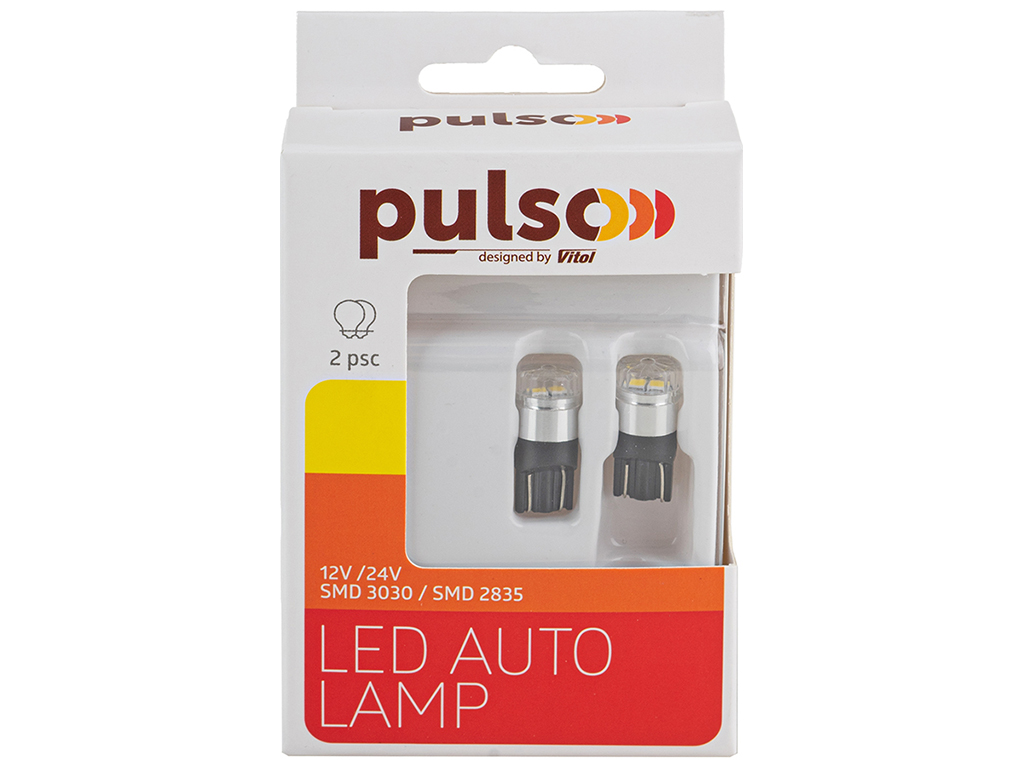 Лампа Pulso габаритные LED T10/W2.1x9.5d/2SMD-2835, 9-18v, 120lm (цена за 2шт) (LP-66161)