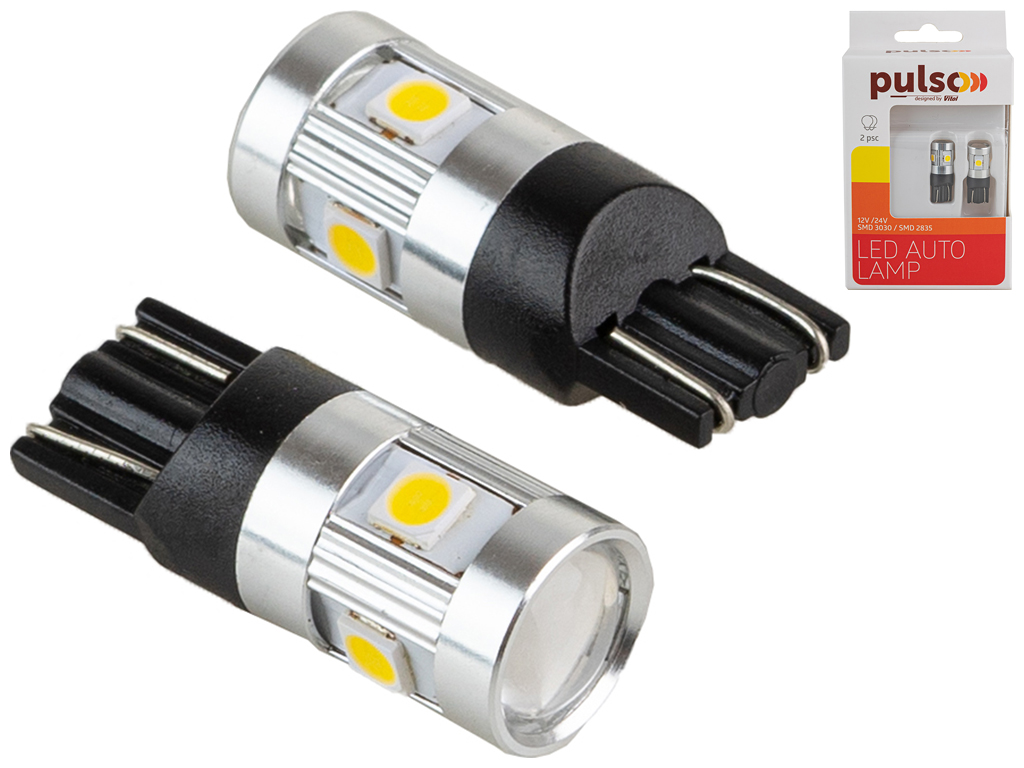 Лампа Pulso габаритные LED T10/W2.1x9.5d/6SMD-3030, 9-18v, 210lm (цена за 2шт) (LP-66162)
