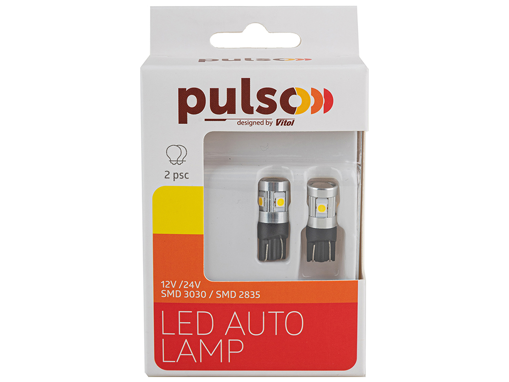 Лампа Pulso габаритные LED T10/W2.1x9.5d/6SMD-3030, 9-18v, 210lm (цена за 2шт) (LP-66162)