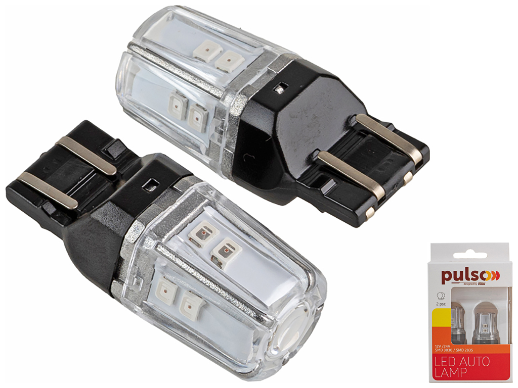Лампа Pulso габаритные LED 7443/W3x16q/12SMD-2835, 2контакта, 9-36v, 120/50lm RED (цена за 2шт) (LP-
