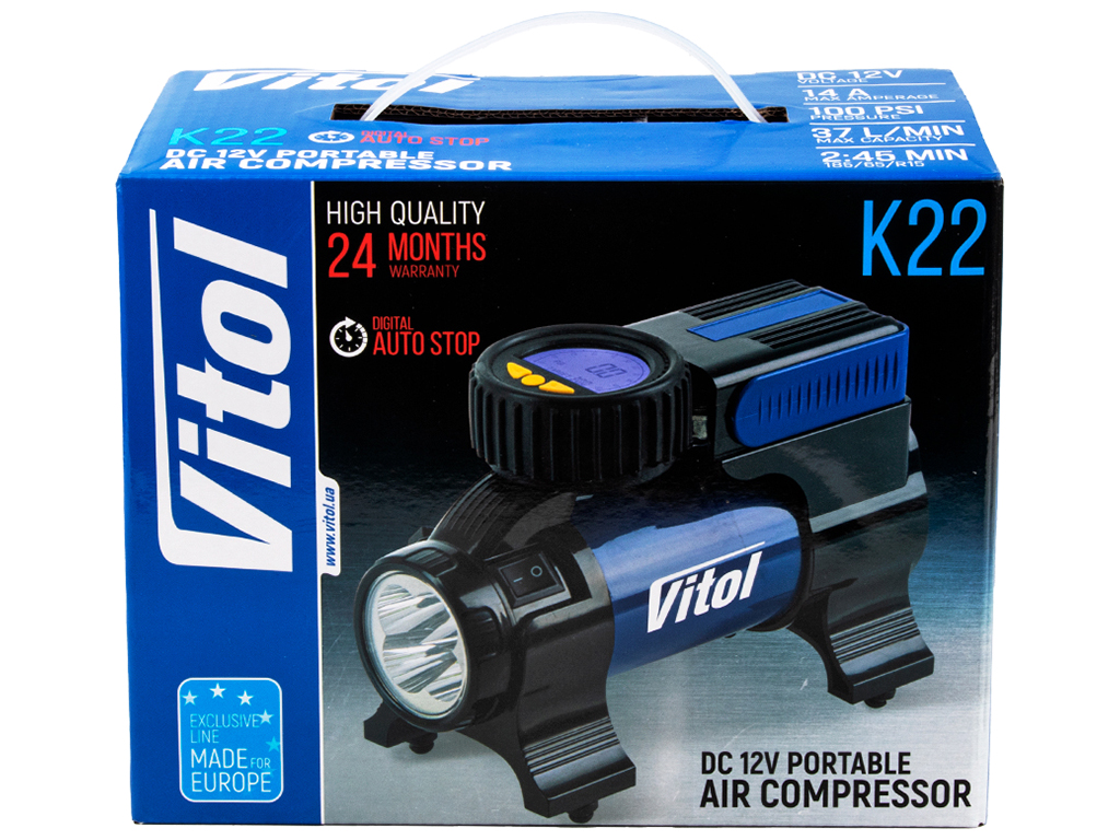 Компрессор Vitol K-22, 100psi, 14Amp, 37л, фонарь/автостоп/прикуриватель
