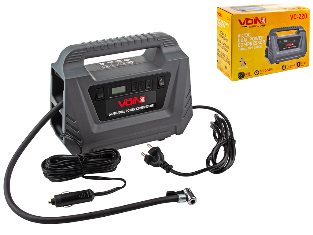 Компрессор автомобильный VOIN VC-220 150psi/10А/25л/AC/DC/Автостоп (VC-220 AC /DC)