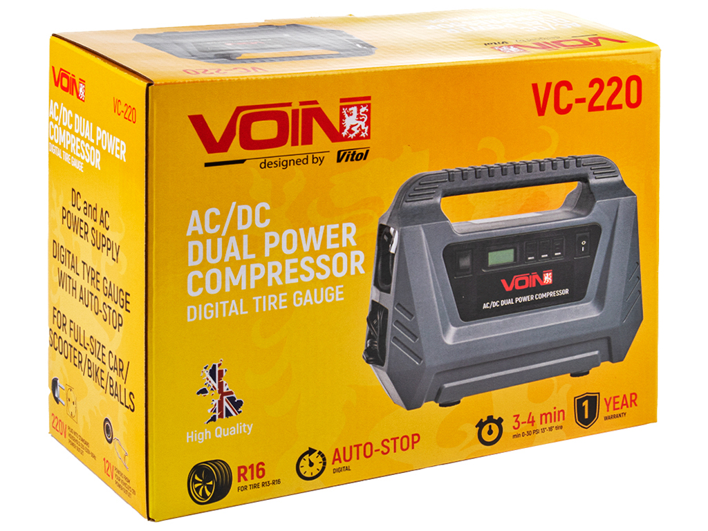 Компрессор автомобильный VOIN VC-220 150psi/10А/25л/AC/DC/Автостоп (VC-220 AC /DC)