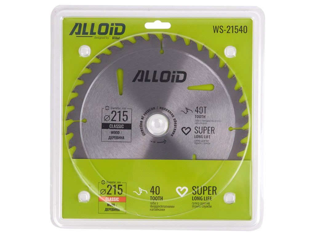 Диск пильный Alloid по дереву, 40 зубьев, твердосплавные напайки, 215x30/25,4мм