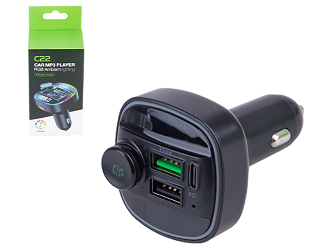 Модулятор FM 5в1, C22, 12-24v, 2USB, 5V-3.1A, Type C, 5V-3.1A, BT5.0 RGB-ambient light