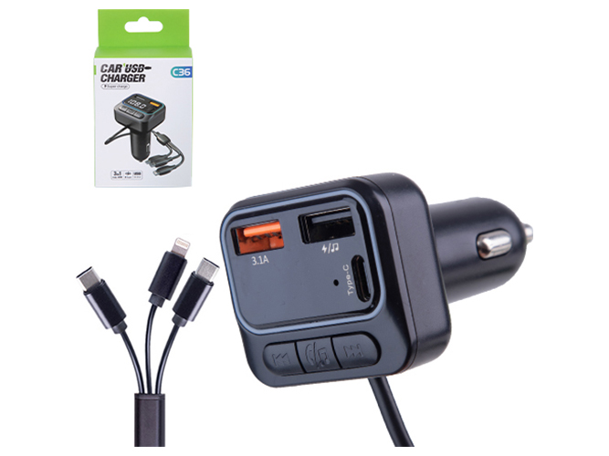 Модулятор FM 5в1 C36 12-24v 2USB 5V-3.1A Type C 5V-3.1A, 3в1 charging cable BT5.0 RGB-ambient light