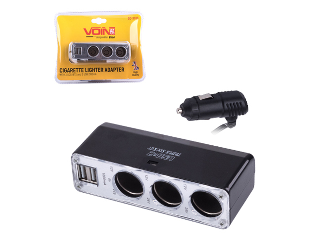 Разветвитель прикуривателя VOIN SC-3036, 3 гнезда + 2xUSB (2.1A), провод, предохранитель