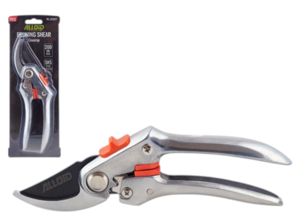 Секатор Alloid Pro, 200 мм, лезвие SK5, ленточная пружина, хромированный корпус, цвет серебристый