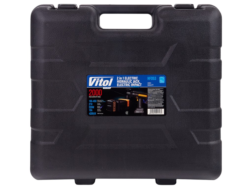 Набор 2 в 1 Vitol, электродомкрат 2т (155–450мм) + гайковерт 420 Нм, 2 аккумулятора 21В