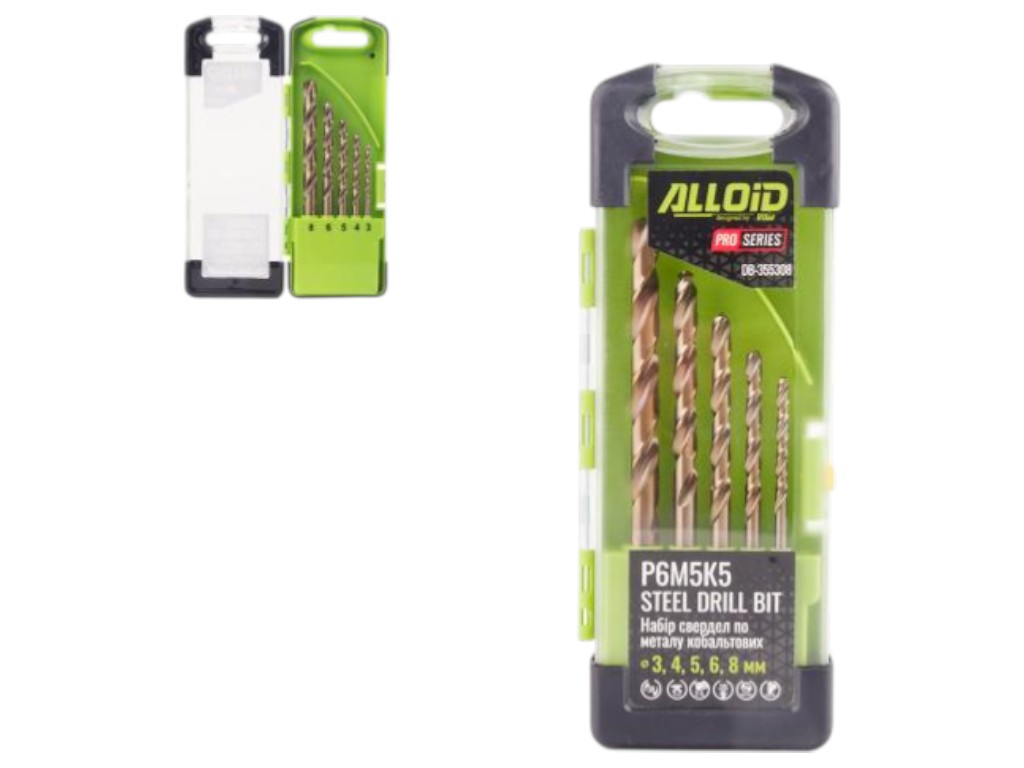 Набор сверл Alloid Pro, кобальтовые, по металлу, 3–8 мм, 5 штук, сталь Р6М5К5