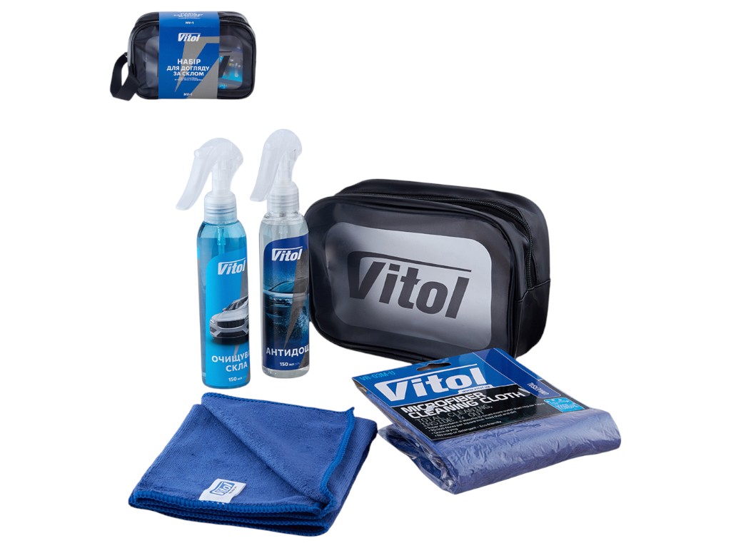 Набор для ухода за стеклами Vitol, очиститель, антидождь, салфетки из микрофибры, косметичка