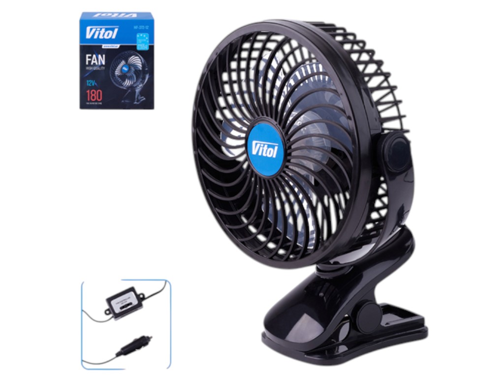 Вентилятор Vitol HF-372-12, 10Вт, питание 12В, крепление клипса, пластик, 18см, цвет черный