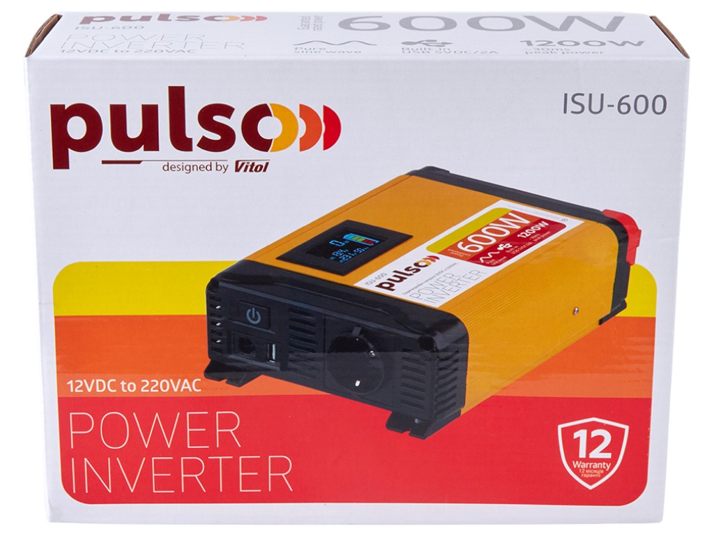Преобразователь напряжения Pulso ISU-60012V-220V/600WLCD/USB-5VDC2.0A, синусоидная волна, клеммы