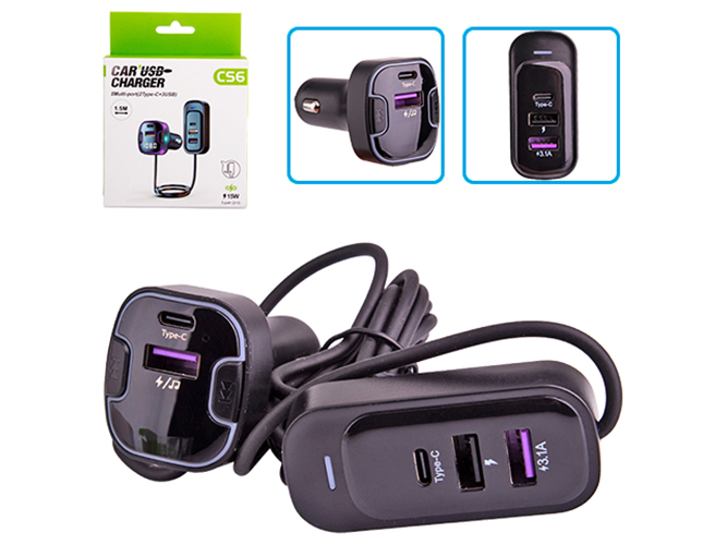 Модулятор FM 5в1, CS6 12-24v, 2USB, 5V-3.1A, Type C, 5V-3.1A, 3in1