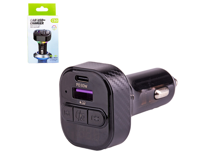 Модулятор FM 5в1, C50, 12-24v, 2USB, 5V-3.1A, Type C, 5V-3.1A 3in1